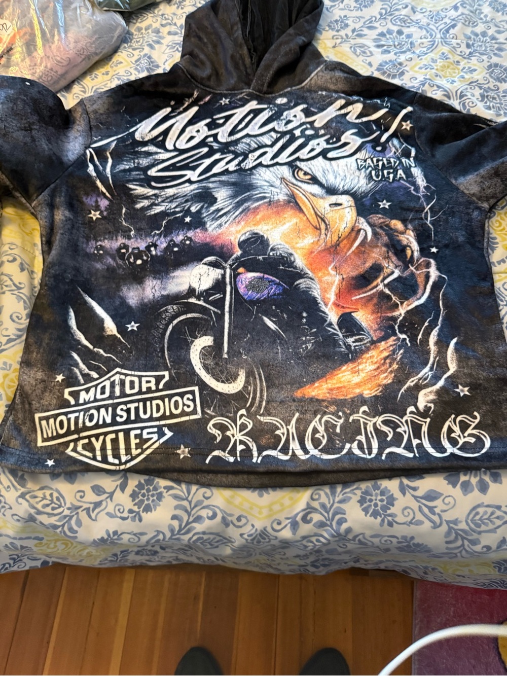 Motion Studios Men’s Black Graphic Hoodie - Eagle & Motorcycle Design